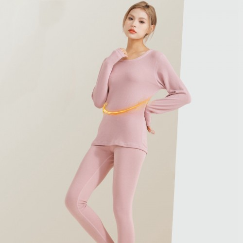 Seamless Thermal Underwear Set, Long Sleeve Crew Neck Tops & Pants, Women's Loungewear & Underwear